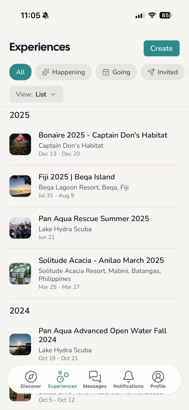 Scubaful app experiences screen